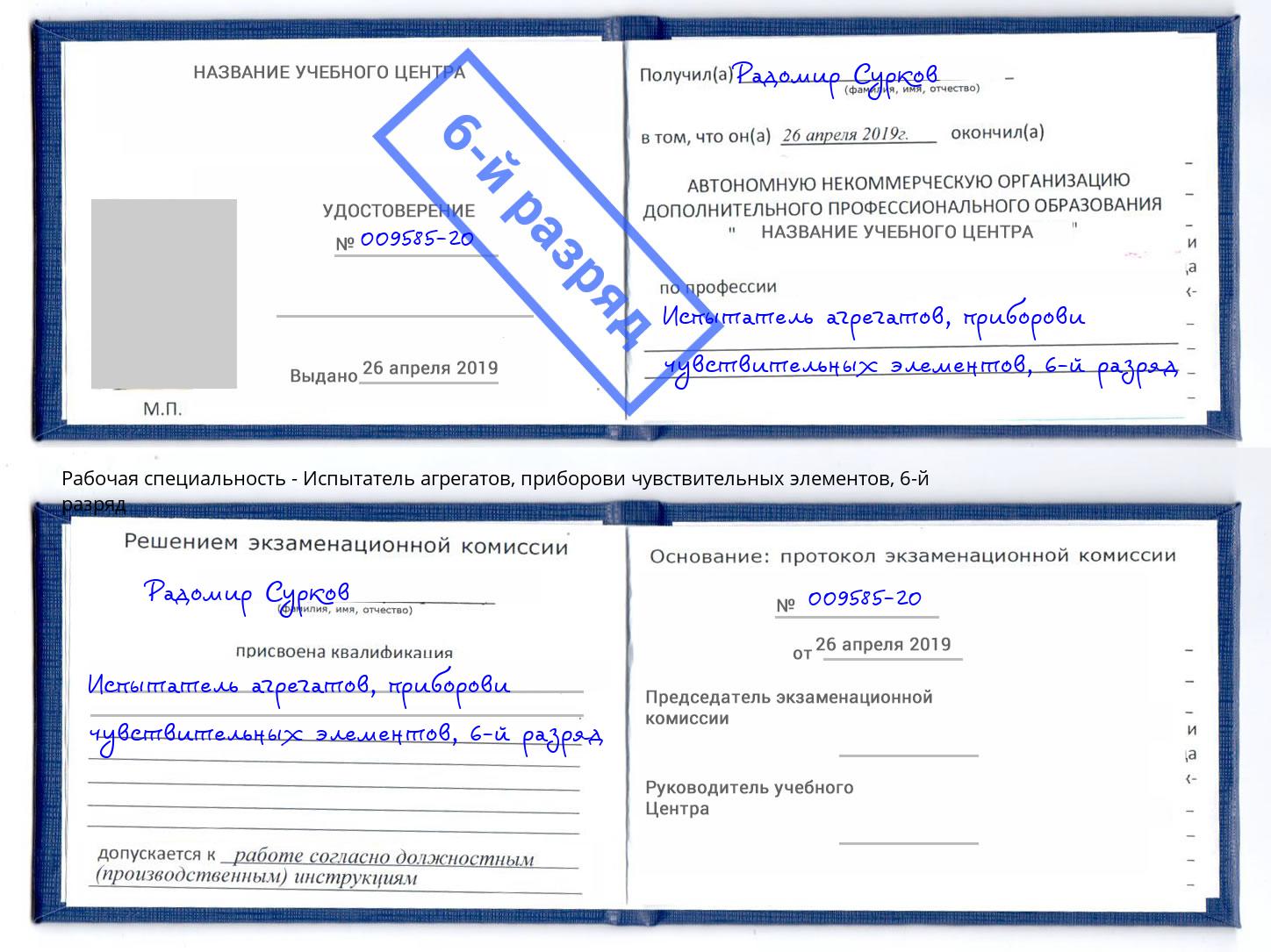 корочка 6-й разряд Испытатель агрегатов, приборови чувствительных элементов Магнитогорск