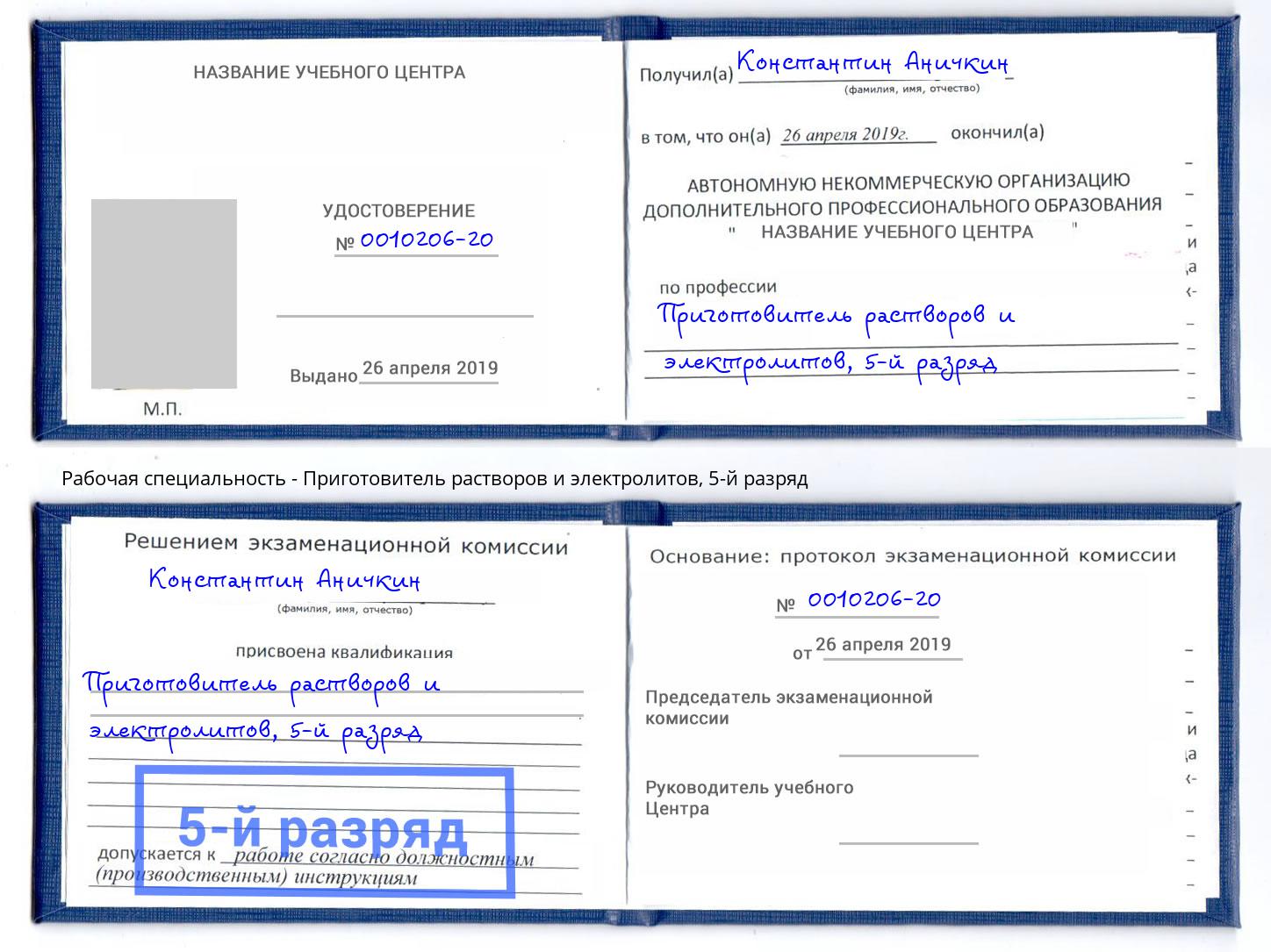 корочка 5-й разряд Приготовитель растворов и электролитов Магнитогорск