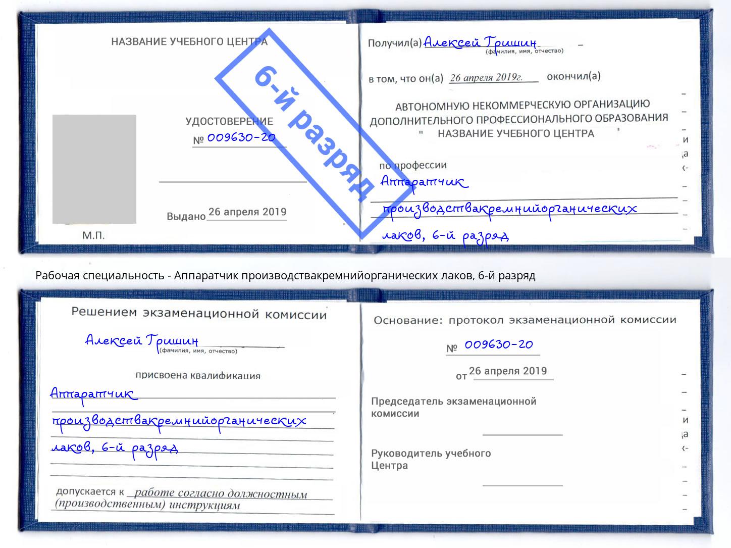 корочка 6-й разряд Аппаратчик производствакремнийорганических лаков Магнитогорск