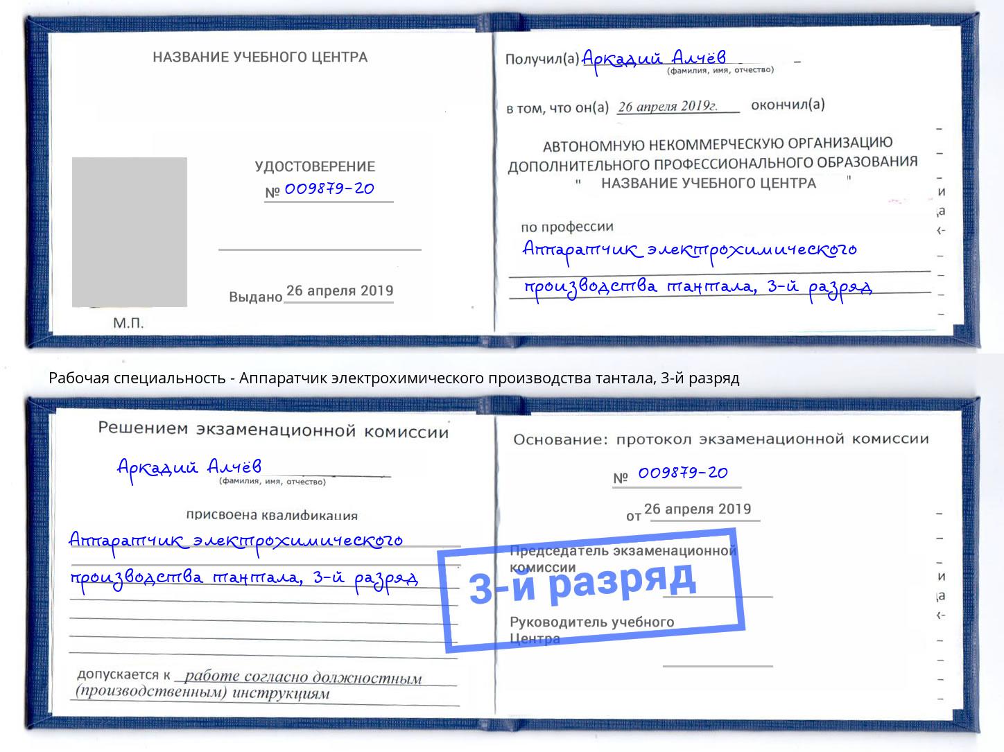 корочка 3-й разряд Аппаратчик электрохимического производства тантала Магнитогорск