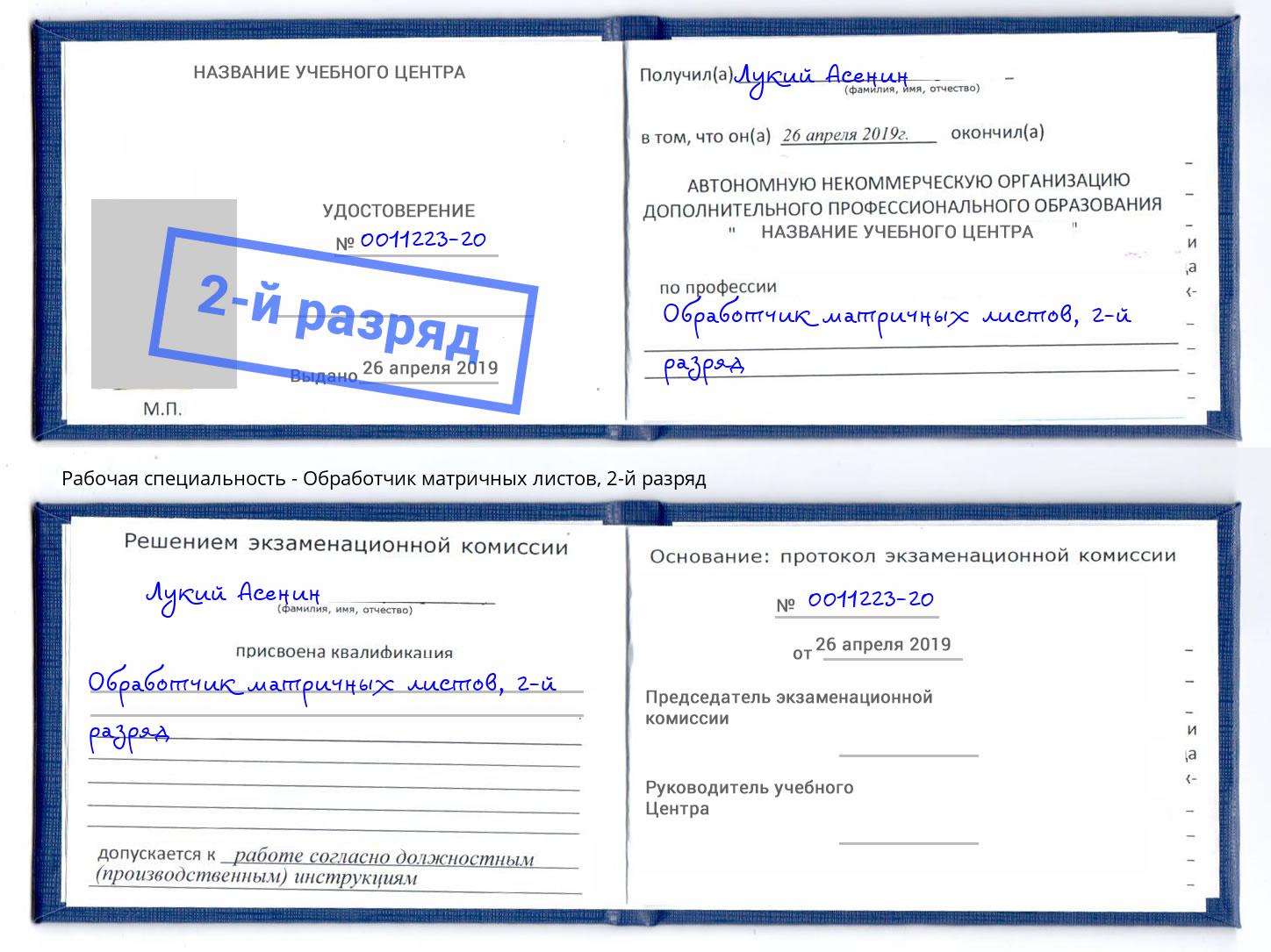 корочка 2-й разряд Обработчик матричных листов Магнитогорск