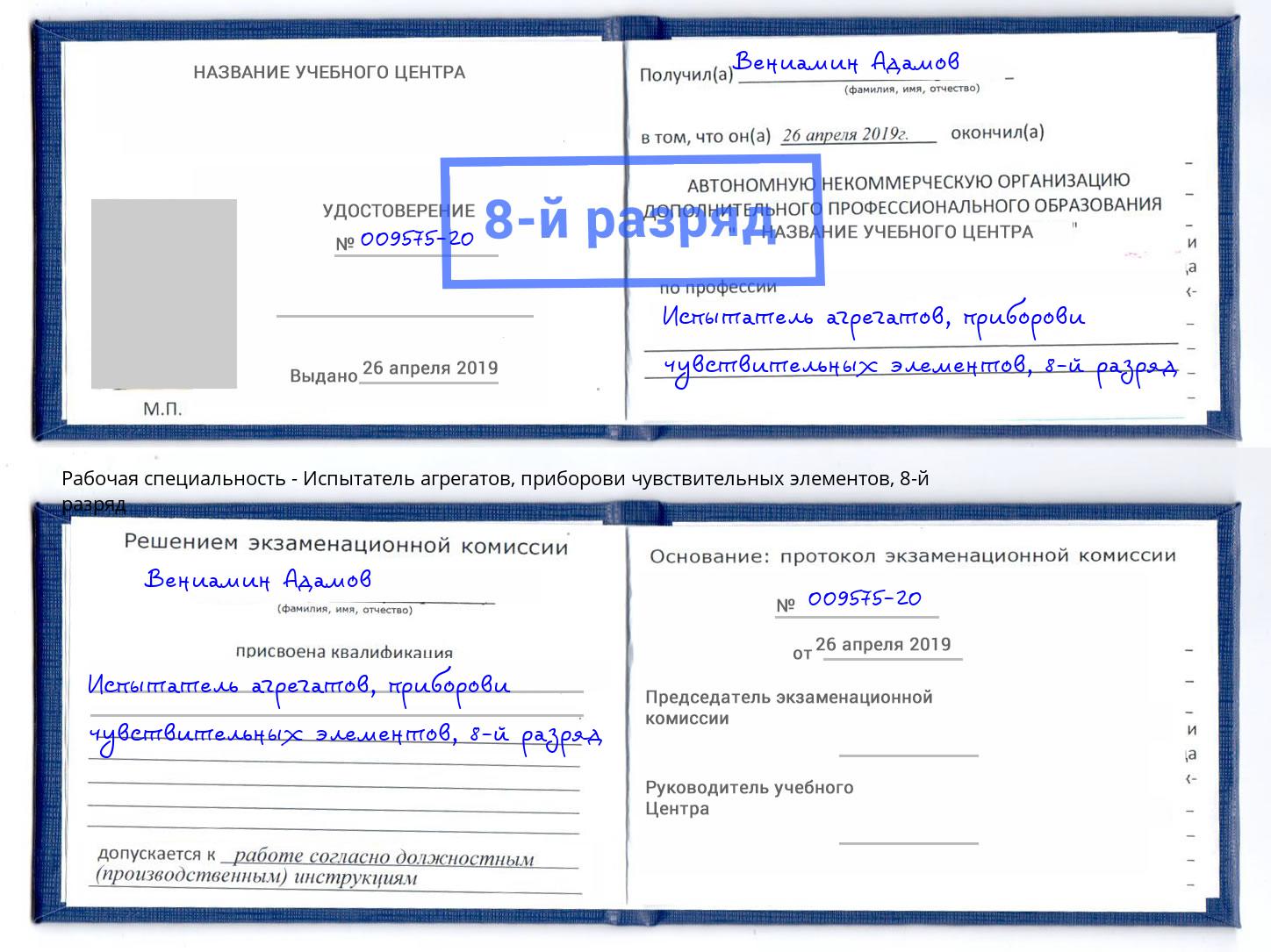 корочка 8-й разряд Испытатель агрегатов, приборови чувствительных элементов Магнитогорск
